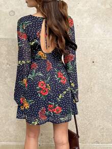 Pariaura Women's Polka Dot Rose Flower Backless Bow Tie Dress, Spring/Autumn Dress, Navy Blue Dress, Suitable For Festivals, Dates, Gatherings - Navy Blue - View 4