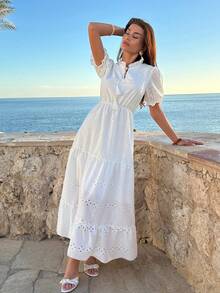 EURMUSE White Eyelet Embroidered Short Puff Sleeve Long Dress With Ruffle Hem - White - View 4