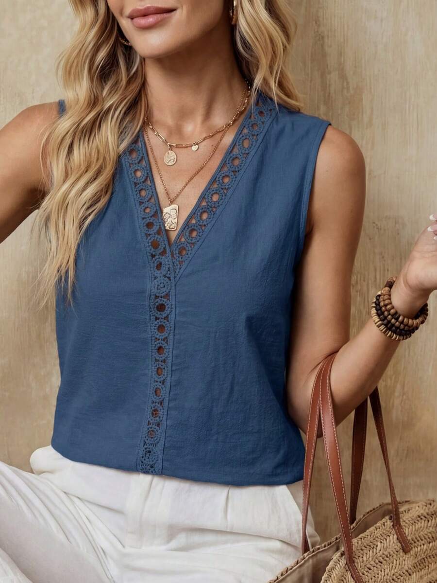 EMERY ROSE Lace Trim Sleeveless Casual Vacation Shirt In Solid Color - Dusty Blue - View 1