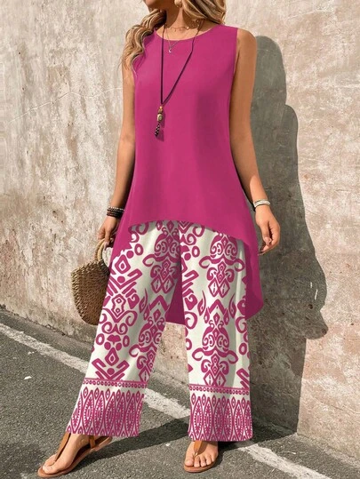 EMERY ROSE 2 pièces/Set Top sans manches et pantalon large à imprimé cachemire