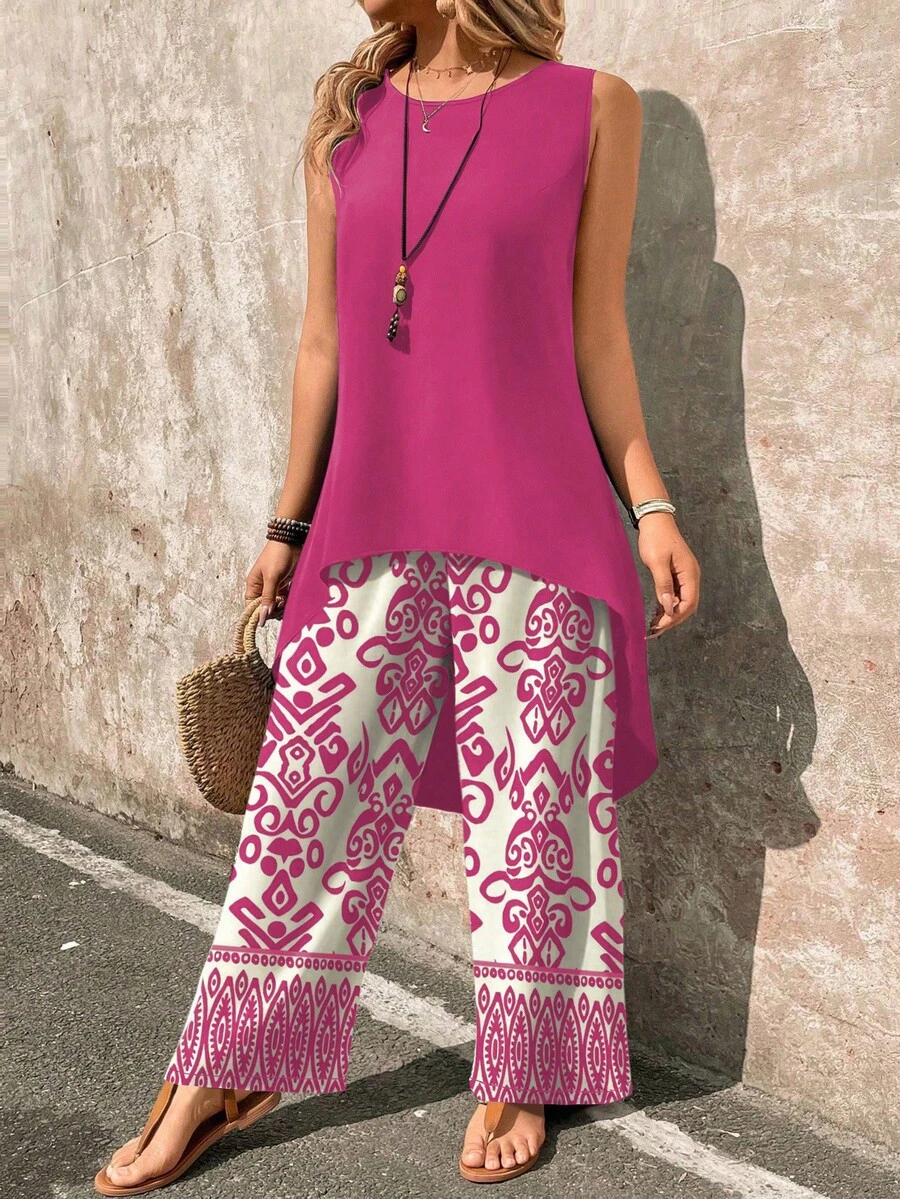 EMERY ROSE 2pcs/Set Paisley Print Sleeveless Top And Wide Leg Pants Set - Hot Pink - View 1