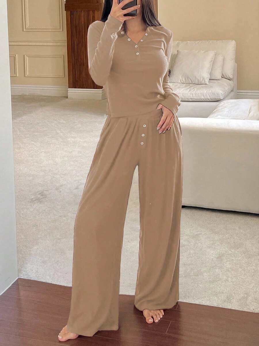 DAZY 2pcs/Set Women Casual Knit Cardigan Top And Loose Pajama Pants Homewear Set, Spring - Khaki - View 1