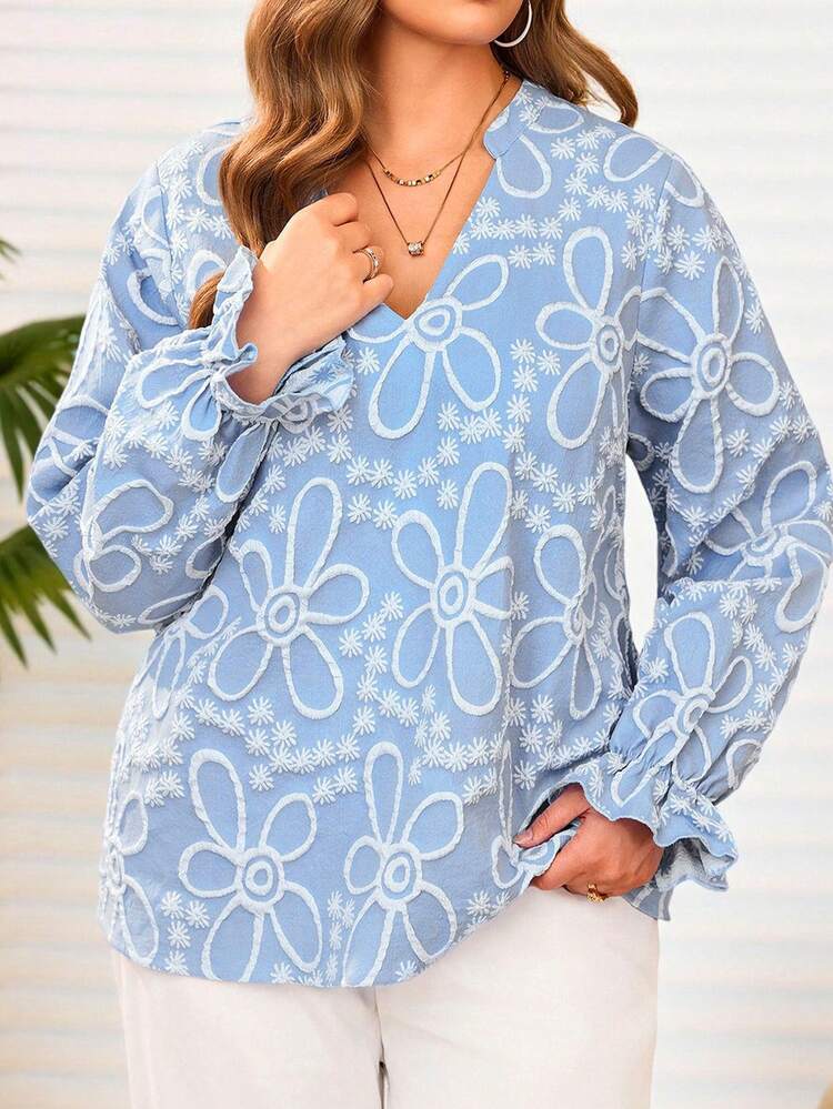 Plus Size Women's Summer Casual Vacation Early Spring Casual Vacation Floral Embossed V-Neck Long Sleeve Blue Blouse, Early Spring Break,Vacation,Holiday,Spring,Going Out,2026 New,Simple And Fashionable For Everyday Wear, Light Blue Blouse, Long Sleeve Top