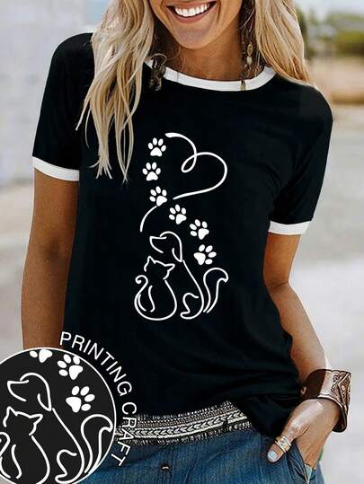 Women's Colorblock Graphic Print Round Neck Short Sleeve T-Shirt