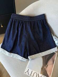 Resyla 女士休闲蕾丝边牛仔效果弹力腰阔腿短裤 - 藍色 - 查看 2