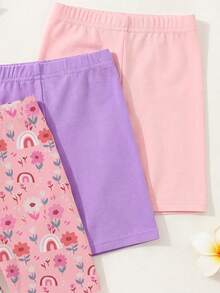 SHEIN Playful Pals 4件套女童可爱数码印花短裤，休闲舒适打底裤，适合日常穿着，婴幼儿夏季短裤 - 彩色 - 查看 3