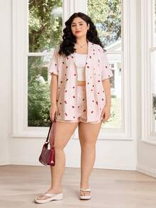 Conjunto de 2 piezas de talla grande con camisa de manga corta color fucsia y shorts - Multicolor - Ver 4
