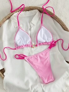 Swim Mod Conjunto de bikini de 2 piezas con parte superior de traje de baño con cuello de halter con empate y recorte ovalado teñido anudado, y Bottom de traje de baño con cordón lateral, en unicolor y parche, para vacaciones de verano - Rosa - Ver 3