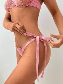 Aloruh 2pcs Women's Burgundy Romantic Embroidery Lace-Up Thong Lingerie Set - Pink - View 4