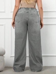 EURMUSE 100%Cotton Plus Size Belt Details Wide Leg Jeans - Grey - View 2