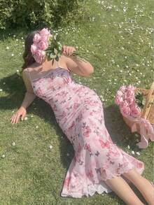 SHEIN MOD 大码夏季粉色蝴蝶印花浪漫可爱连衣裙、早午餐装、婚礼宾客返校节礼服、约会之夜舞会礼服 - 粉色 - 查看 4