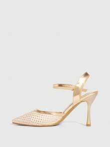 CUCCOO SZL Tacones altos de punta fina para mujer con strass dorados, malla, elegantes y sexy para fiesta y boda con correa de tobillo - Oro rosa - Ver 9