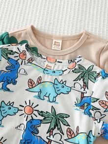 Cozy Pixies 2pcs Baby Boy Cartoon Dinosaur Pattern Knitted Soft Crew Neck Short Sleeve Pullover Outfit Set - Khaki - View 5