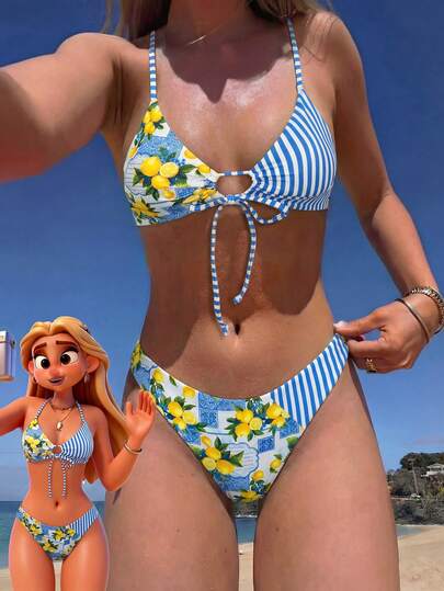 Swim Mod סט ביקיני בגד ים לנשים באביב/קיץ, הדפס לימון, קשרים, רעננים, מתוקים, אופנה בסגנון חופשה