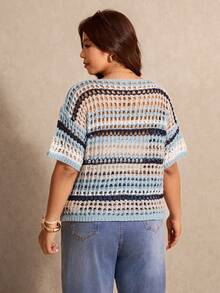 Elaquor 大码圆领落肩短袖休闲撞色条纹镂空套头毛衣 - 藍色 - 查看 2