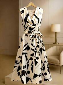 GlowEve CURVE 大码女式深V领几何图案休闲优雅波西米亚风无袖连衣裙，适合通勤、日常穿着、度假、春夏穿着。 - 杏色 - 查看 3