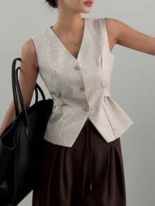 DAZY Women's V-Neck Sleeveless Backwaist Tie Urban Casual Thin Blazer - Khaki - View 4