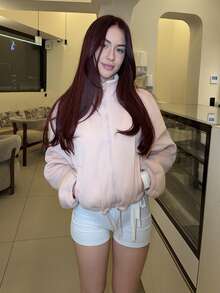 Abrilcols 女士拉链抽绳长袖休闲连帽运动衫夹克，机场女士服装，秋冬七分袖上衣 - 粉色 - 查看 6