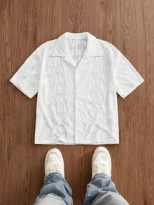 Manfinity Unisex Áo sơ mi nam tay ngắn, màu trơn, kiểu dáng thường ngày, cài cúc phía trước, đa năng. - trắng - Xem 3