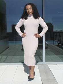 Steph T Mock Neck Ribbed Knit Sweater Dress In Fall/Winter - Khaki - View 4