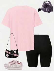 SHEIN ChillGRL Set 2 buc. tricou cu mânecă scurtă și imprimeu grafic la modă pentru adolescente, pantaloni scurți imprimați strâmți, ținută casual de stradă - Multicolor - Vizualizare 2
