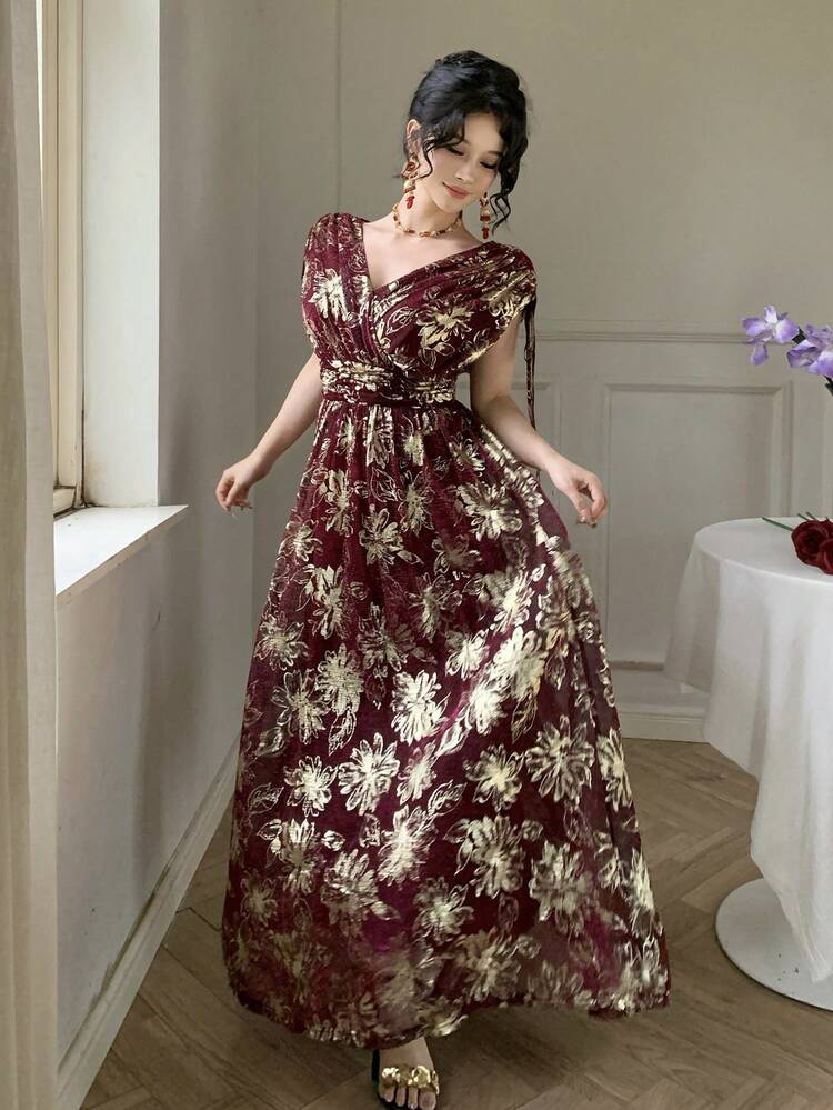 Spring & Summer Sequin Shiny Gold & Red Contrast Color Floral Print Maxi Dress, Elegant For Valentine's Day, Wedding, Party, Banquet, With Ruffle Hem And Waist Cinching, Midi Length Sundress Boho