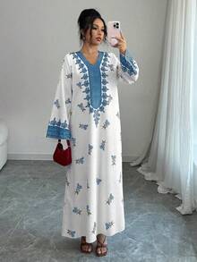 Yasmyna Women's Loose Fit Printed Long Sleeve Arabic Style Dress Mediterranean Al-Adha Summer Caftan Boho Tops Tunic Blouse Long Summer Dress - Blue - View 6