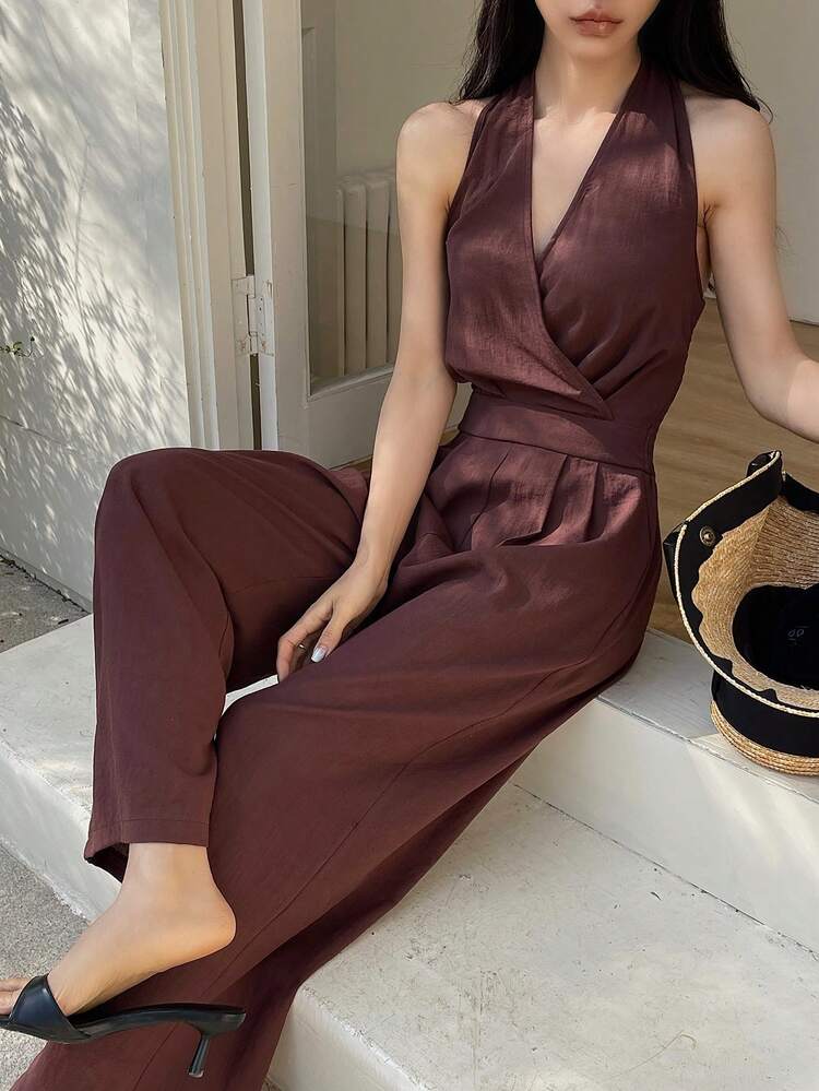 Women's Casual Solid Color Halter Sleeveless Jumpsuit, Summer Jumpsuit For Women Lounge Sets For Women