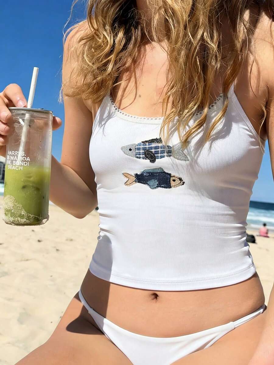 Summer Tops, Beach Vacations, Summer Camisoles, Women's Cute Fish Patch Printed Ribbed Knit Vest, Summer Sweet Lace Trimmed Spaghetti Strap Sleeveless Vest, Y2K Aesthetic Beach Casual Day Wear Women's Vest - White - View 1