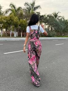 Slaydiva Women's Fashion Tree Branch Print Denim Bib Pants Women Jumpsuit Pink Floral Print Jumpsuit Wide Leg Jumpsuit Camo Print Jumpsuit Sleeveless Jumpsuit - Beige - View 2