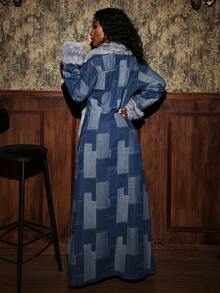 Slaydiva Women's Fur Collar Long Sleeve Long Denim Jacket, Fashion For Autumn/Winter - Blue - View 2