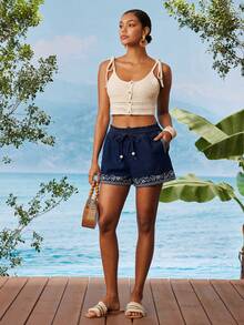 Travachic Casual Women's Medium Wash Denim Mini Shorts With Graphic Pattern And Pockets Straight Leg - Medium Wash - View 7