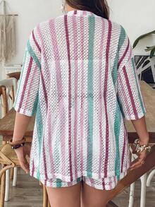 SHEIN VCAY Plus Size Women Blue & White Striped Shirt And Shorts Knit 2 Pieces Set, Summer Vacation, Summer Outfits Boho Two Piece Set Beach Shorts Set - Multicolor - View 2