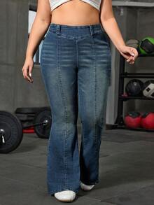 Flexra Plus Size Casual Everyday Washed Slant Pocket Flare Jeans - Blue - View 4