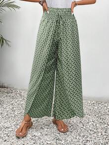 SHEIN Frenchy Quần ống rộng dáng suông, cạp chun, vạt chéo, họa tiết in toàn thân, thắt nút. - màu xanh lá - Xem 6