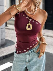 Siren Gaze Nueva blusa de un hombro con remaches de color vino tinto, blusa cruzada sin mangas, estilo decadente Y2K, blusa metálica, ropa de mujer de otoño - Burdeos - Ver 1