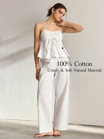 Ocili 休闲纯棉刺绣蕾丝边舒适吊带背心和裤子睡衣套装（女士款）