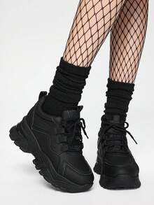 ROMWE Grunge Punk 女士休闲短款坡跟厚底运动鞋，黑色低帮鞋，春秋季 - 黑色 - 查看 2