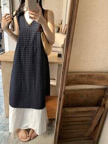 DAZY 女士格子V领无袖中长连衣裙 - 黑色 - 查看 4