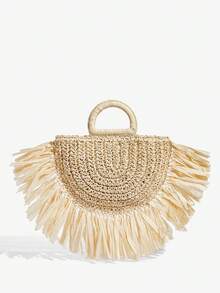 SHECARRY Tassel Teenagers Handbag, Wicker Bag - Off-white - View 2