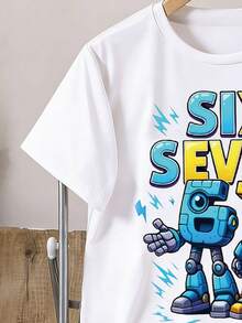 SHEIN Explorewe 青少年男童休闲时尚舒适百搭创意趣味字母蓝黄闪电机器人拟人化数字“67”图案百搭短袖T恤白色上衣外套 - 白色 - 查看 4