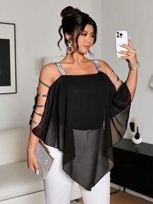 Cravure 大码女士优雅针织无袖雪纺披肩，饰有银色丝带，连体衣 - 黑色 - 查看 2