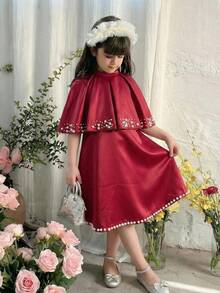 SHEIN Váy chữ A ngắn cổ đứng thanh lịch bằng satin cho bé gái, áo choàng đính hạt cườm. - Đỏ - Xem 6