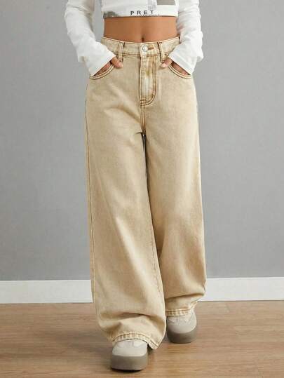 SHEIN 少女时尚休闲 Y2K 复古酷炫街头服饰，卡其色宽松阔腿牛仔裤，适合少女日常穿着，以及春夏派对、节日和街头服饰。