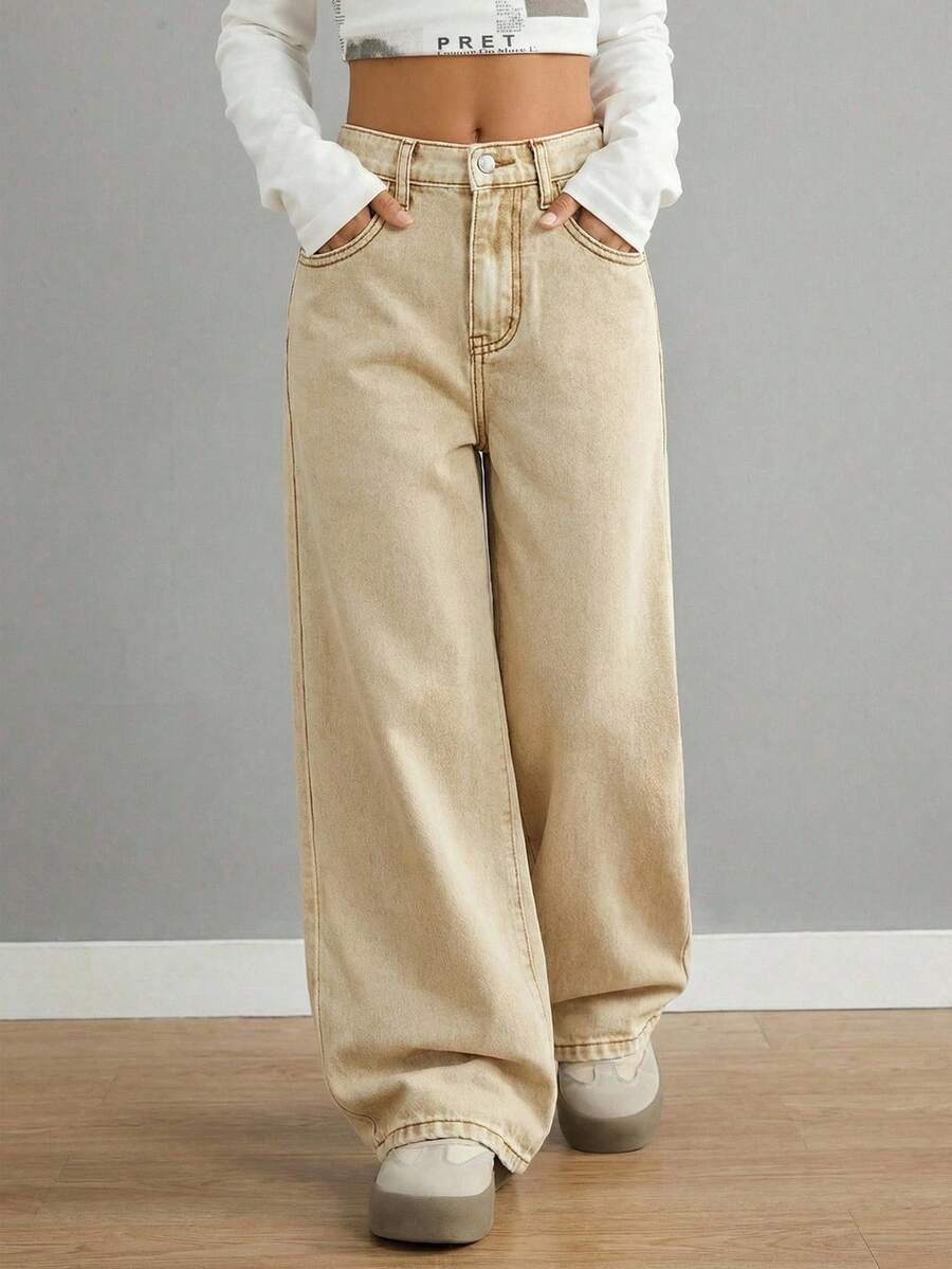 SHEIN 少女时尚休闲 Y2K 复古酷炫街头服饰卡其色宽松阔腿牛仔裤日常穿搭春夏狂欢节及街头服饰 - 杏色 - 查看 1