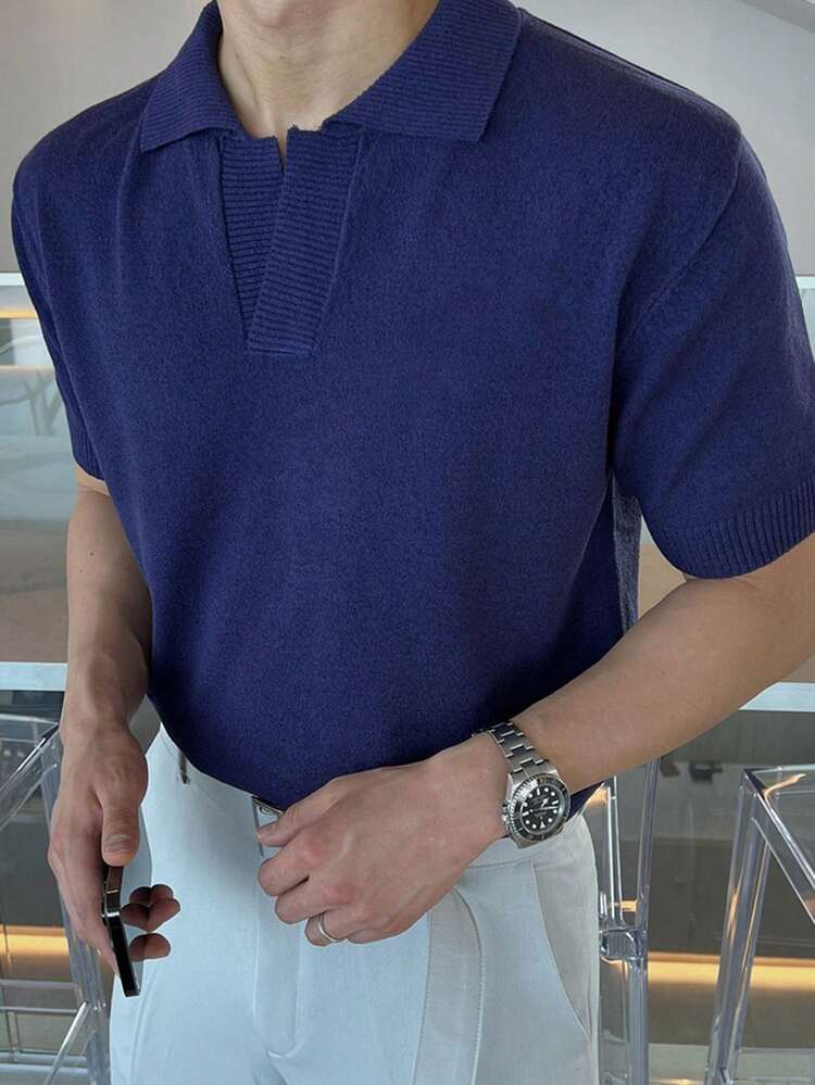 Navy Blue Polo Neck Solid Color Knit Top For Men, Summer