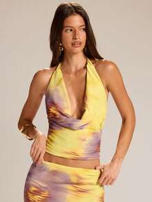 SHEIN BAE 女士印花垂领吊带背心和迷你裙两件套度假套装 - 黃色 - 查看 6