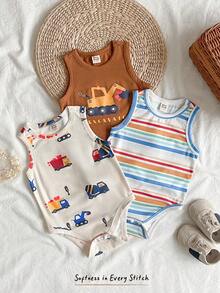 Cozy Pixies 3pcs/Set Baby Boy/Girl Cute Cartoon & Striped Pattern Knitted Rompers, Summer - Multicolor - View 3