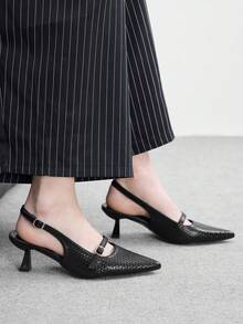 CUCCOO BIZCHIC 黑色编织纹理尖头高跟鞋，无后跟搭扣细跟通勤鞋，女士 - 黑色 - 查看 4