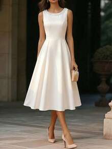 Franclia White Woven Fabric Sleeveless Long A Line Dress With Pearl Embellished Round Neck Wedding Day Party Pool Party Summer Romantic Elegant - White - View 3